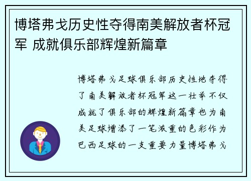 博塔弗戈历史性夺得南美解放者杯冠军 成就俱乐部辉煌新篇章