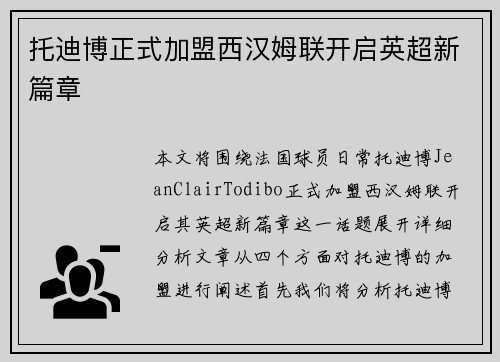 托迪博正式加盟西汉姆联开启英超新篇章