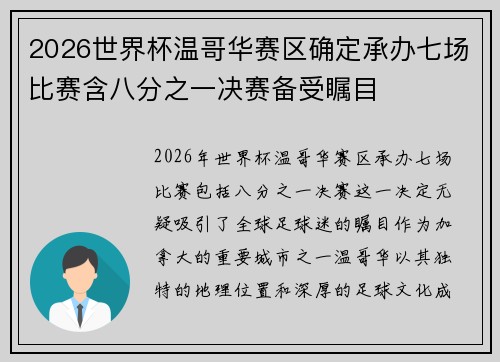 2026世界杯温哥华赛区确定承办七场比赛含八分之一决赛备受瞩目